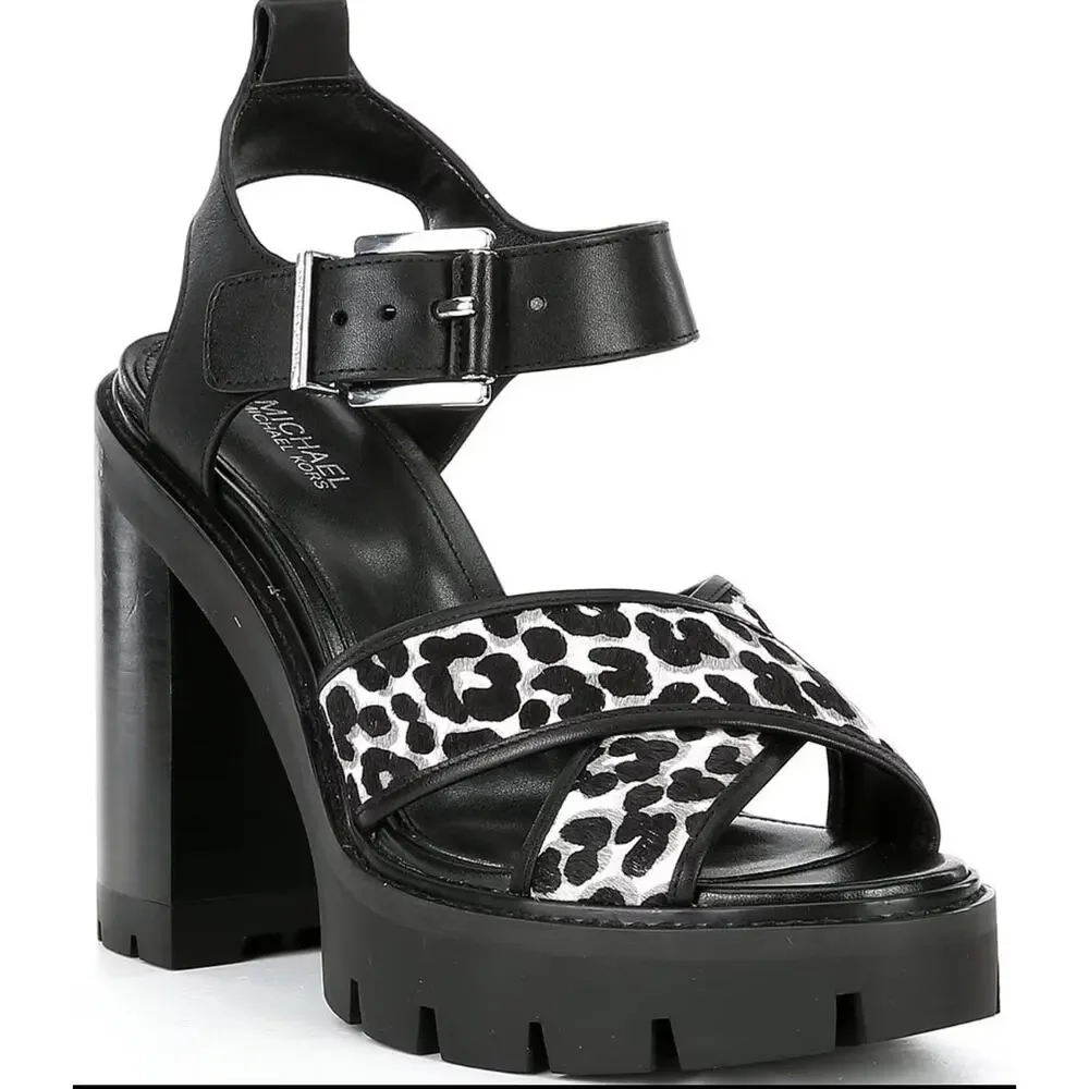 Michael Kors Colby Platform Lug Sandals Leopard Calf Hair Size 8.5 NWT - Picture 2 of 11